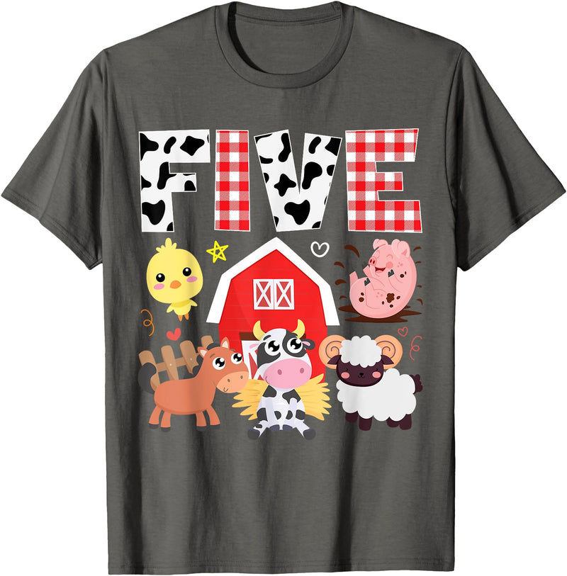 Farm Animals Cow Themed Birthday Party Family Tees 5th Birthday Five Year Old Farm Theme Animals Birthday Party T-Shirt -