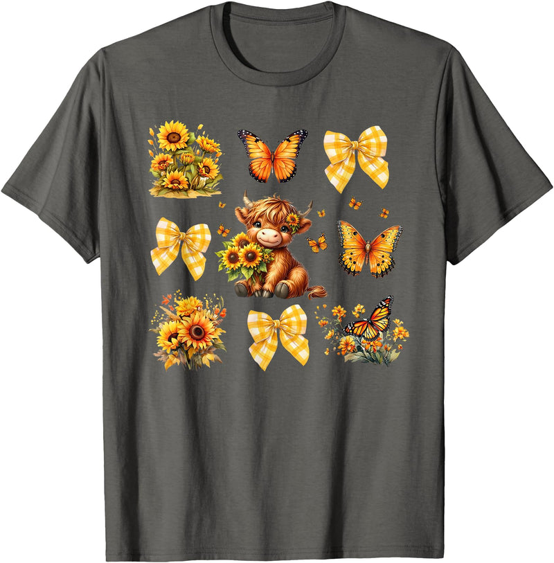 Coquette Bow Scottish Highland Cow Sunflower Shirt Baby Highland Cow With Sunflower Butterflies Farm Western T-Shirt -