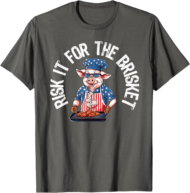 Funny Grill Pig Barbeque Pitmaster Designs for Men Risk It For The Brisket Funny Pig Grilling Barbecue Pork BBQ T-Shirt - Asphalt Grey