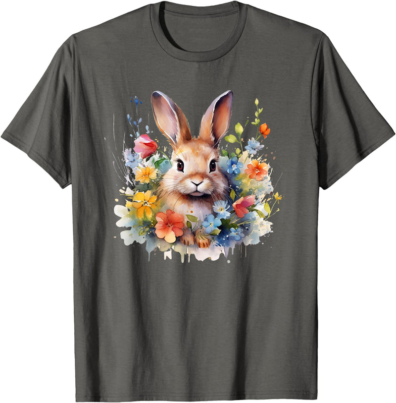 Bunny Rabbit Face Floral Watercolor Painting Love Bunnies T-Shirt in Asphalt Grey