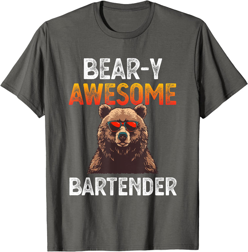 Beary Awesome Bartender Funny Mixologist Vintage Bear-y Awesome Bartender Pun Joke Barman Funny Barkeeper Men T-Shirt - Asphalt Grey