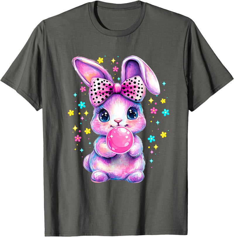 Cute Coquette Bow Tie Dye Rabbit Easter Bunny Girl Kids T-Shirt in Asphalt Grey