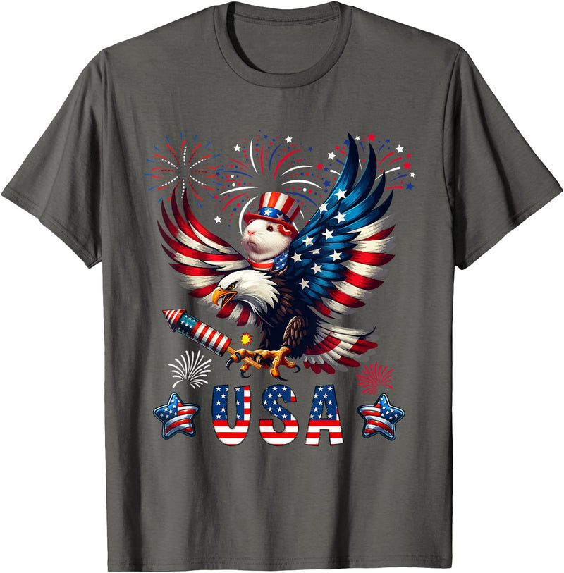 Rodent 4th Of July Costume USA 4th Of July Guinea Pig Riding Eagle Fireworks Patriotic T-Shirt - Asphalt Grey