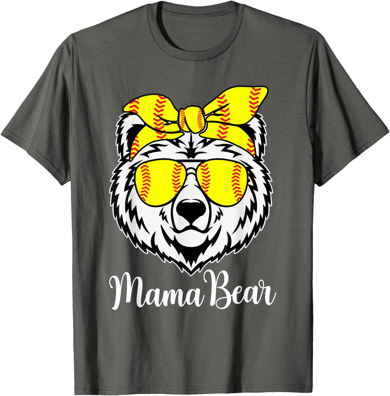 Mama Bear Face Apparel Softball Mama Bear With Sunglasses Bandana Momma Mothers Dy T-Shirt - Asphalt Grey