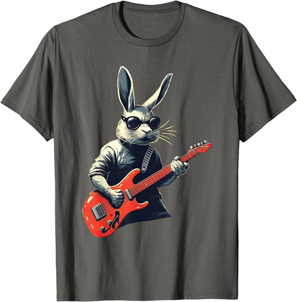 Rabbit Bunny Wearing Sunglasses Playing Guitar Musician T-Shirt in Asphalt Grey