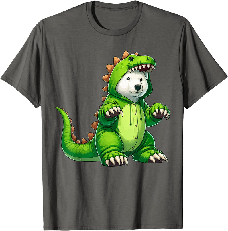 Scary Polar Bear Dinosaur Halloween Lazy Costume Polar Bear Wearing Dinosaur Costume Halloween Cosplay T-Rex T-Shirt - Asphalt Grey