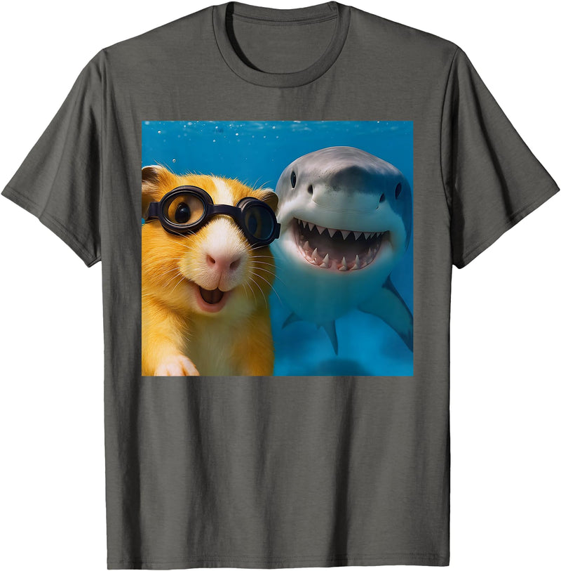 Selfie Guinea Pig and Shark Summer Scuba Diving Funny Guinea Pig Selfie with Shark Ocean Lovers T-Shirt - Asphalt Grey
