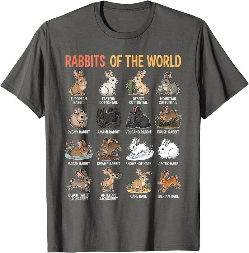 Rabbits of the World Species Educational Chart Bunny Types T-Shirt in Asphalt Grey