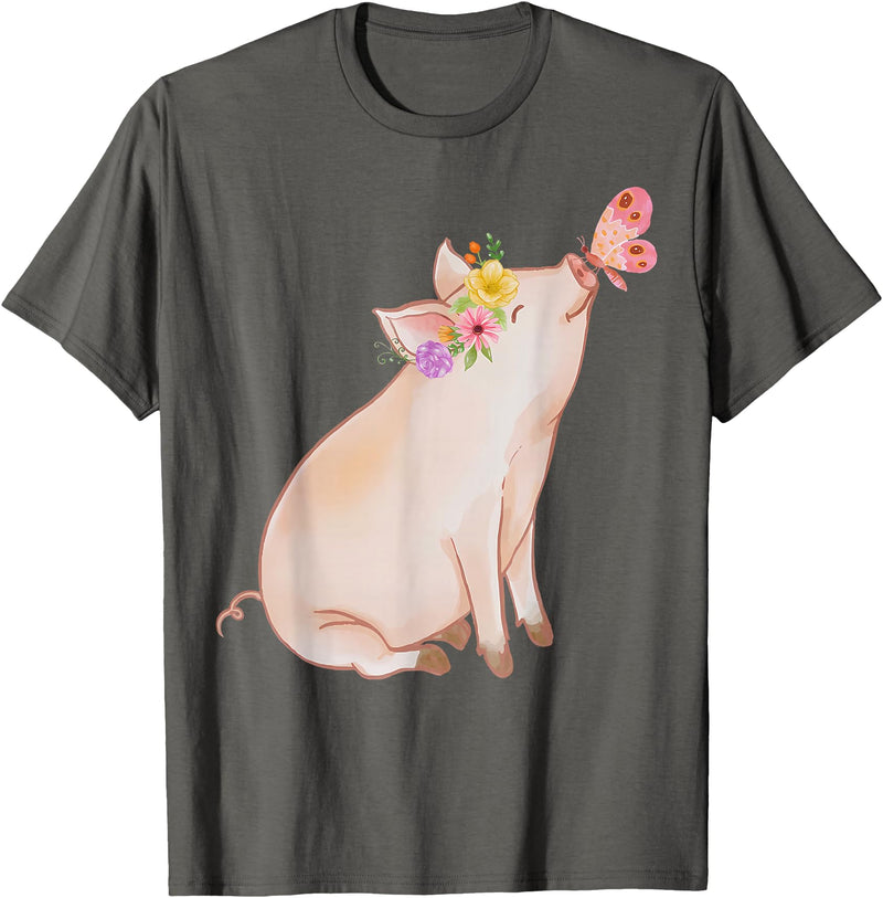 Watercolor Pink Pig With Floral And Butterfly Farm Design T-Shirt - Asphalt Grey