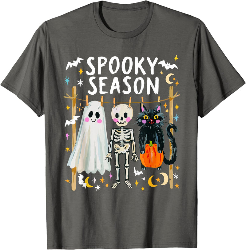 Spooky Ghost Halloween Black Cat Holding Pumpkin Preppy Halloween Ghost Skeleton Black Cat Spooky Season T-Shirt - Asphalt