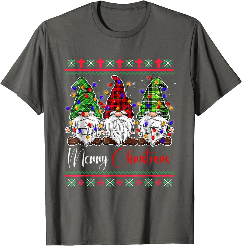 Xmas Lights Gnomes Holiday Graphics Merry Christmas Leopard Buffalo Red Plaid for Men Women T-Shirt - Asphalt Grey