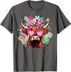 Cute Highland Cow Funny Teacher Life Retro Cute Highland Cow Teacher Bow Flower Heart Glasses T-Shirt - Asphalt Grey