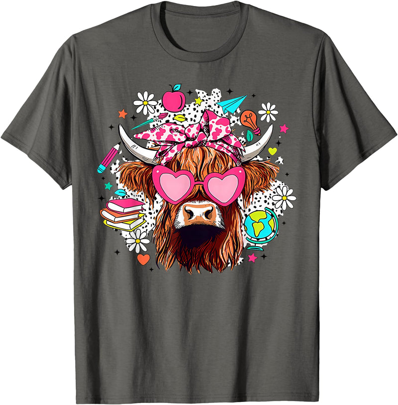 Cute Highland Cow Funny Teacher Life Retro Cute Highland Cow Teacher Bow Flower Heart Glasses T-Shirt - Asphalt Grey