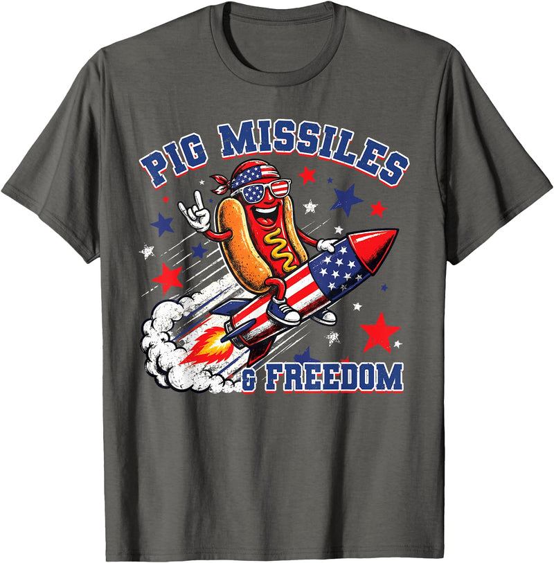 Pig Missiles and Freedom 4th of July Patriotic Hotdog T-Shirt - Asphalt Grey