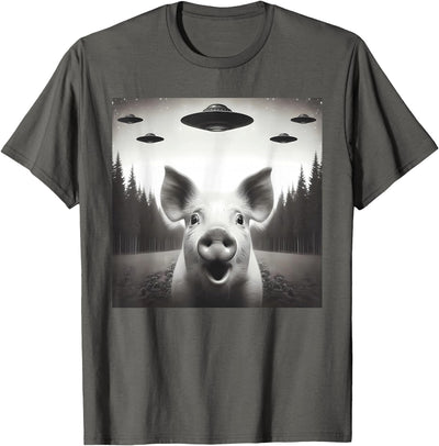 Funny Pig Selfie UFO Alien Humor Vintage Print Art Design T-Shirt