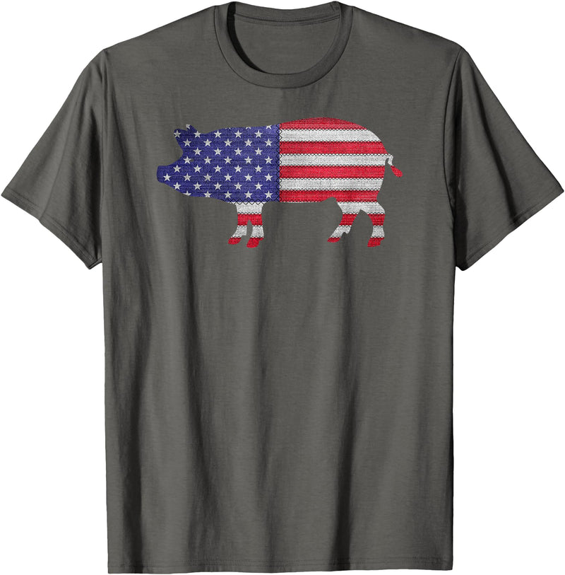 TeeRetro Patriotic Pig American Flag Vintage Funny Gift T-Shirt - Asphalt Grey