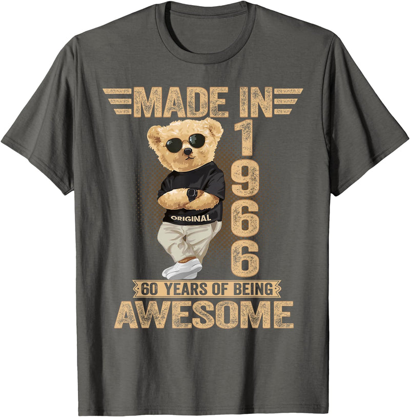 Vintage 60th Birthday 2026 Gifts Men Women 1966 60 Year Old Made in 1966 Teddy Bear 60th Birthday Men Women T-Shirt - Asphalt Grey