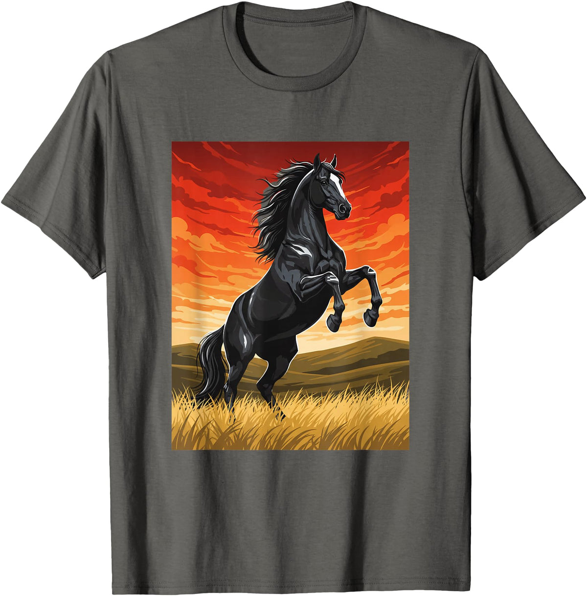 Horse Ranch Cowboy Western Equine Stallion Wy Black Horse Rearing Sunset Ranch Horse Art Print Wy T-Shirt - Asphalt Grey