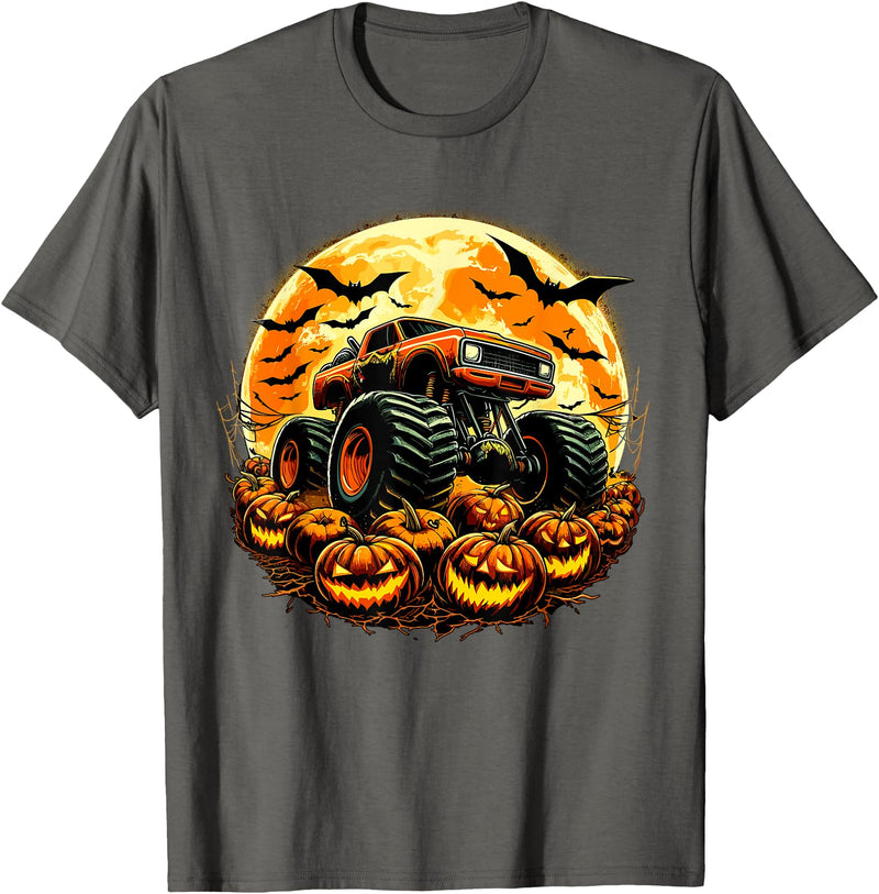 Halloween Monster Truck Designs Monster Truck Halloween Jack O Lantern Moon Pumpkin T-Shirt - Asphalt Grey