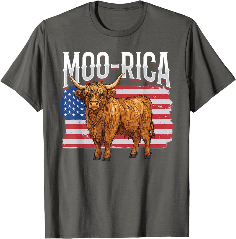 Funny Scottish Highland Cow 4th of July Scottish Highland Cow 4th of July Independence Day Moo-rica T-Shirt - Asphalt Grey