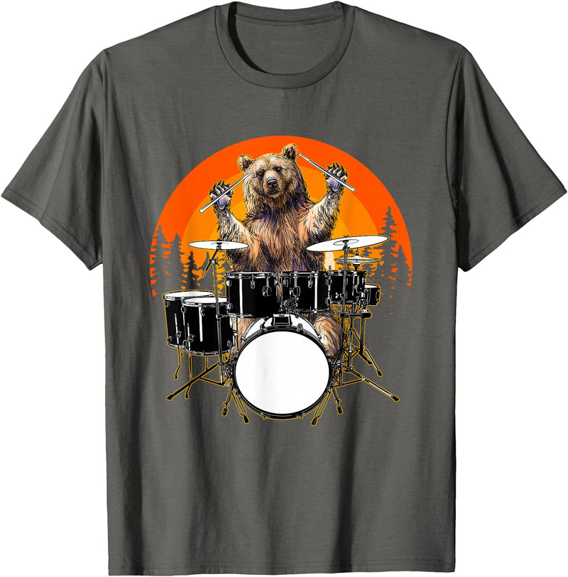 Drum Instrument Drummer Apparel Musical Animal Bear Playing Drums For Drum Lover And Musical Drummer Lover T-Shirt - Asphalt Grey