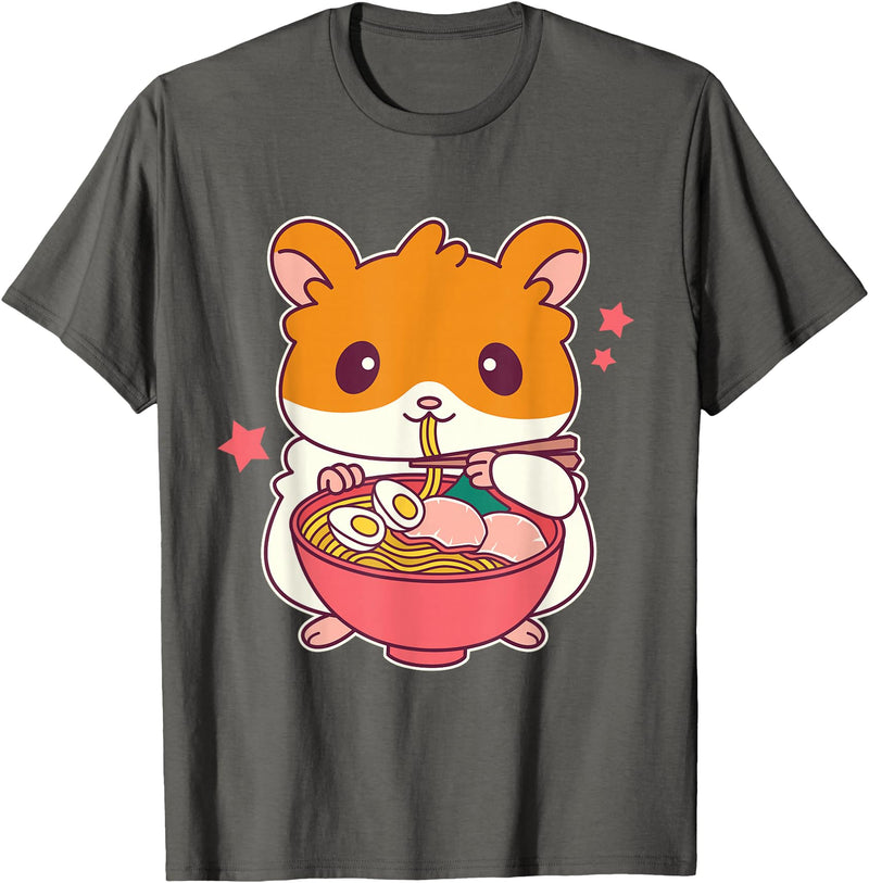 Cute Hamster Eating Ramen Hamster Lovers T-Shirt - Asphalt Grey