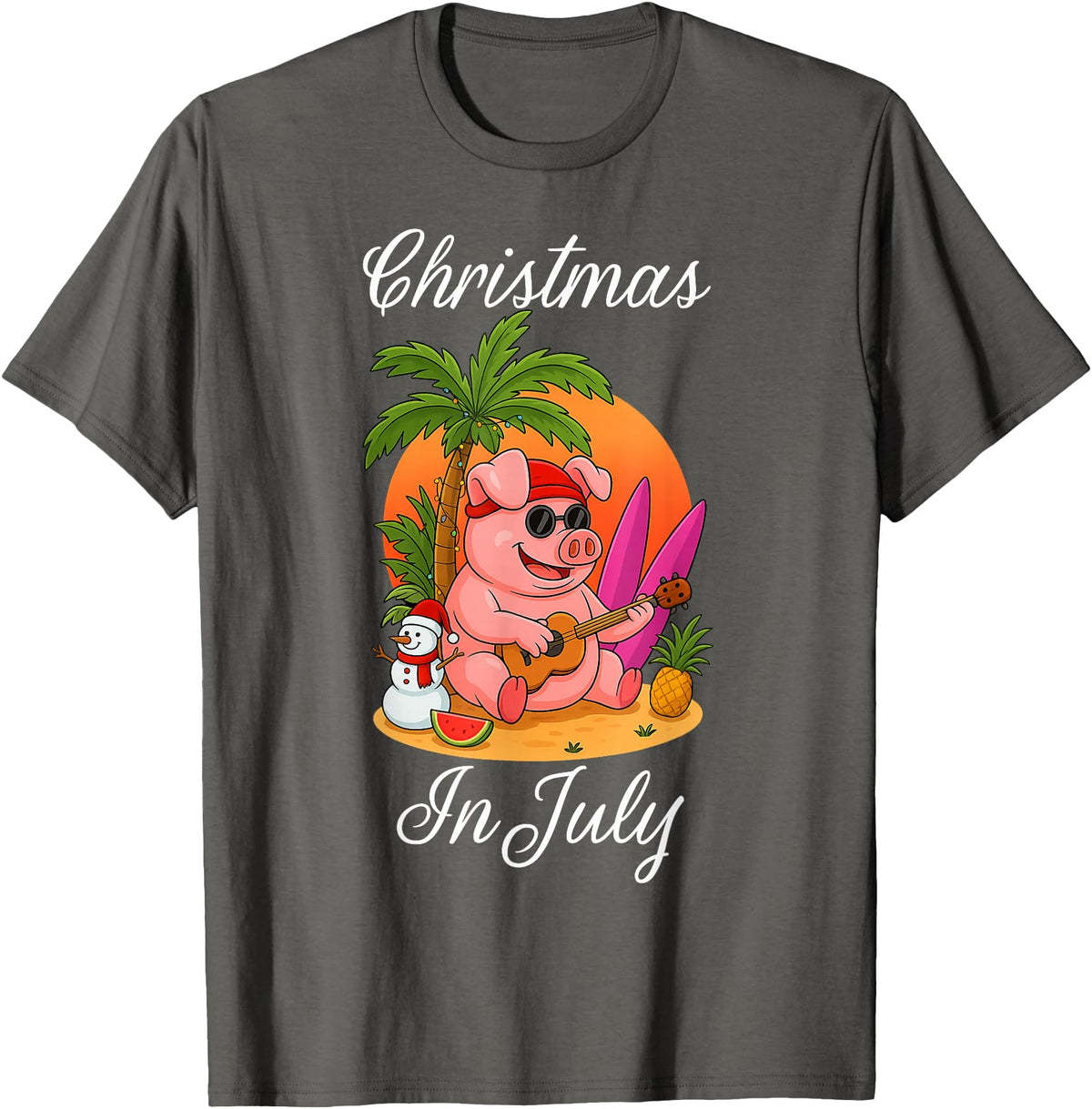 Cute Funny Pig Christmas Xmas Summer Vacation Gift Christmas In July Cute Pig Funny Summer Vacation Beach Vibes T-Shirt - Asphalt Grey