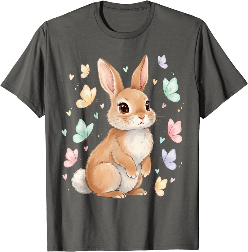 Vintage Spring Easter Bunny Rabbit Butterfly Women Girls T-Shirt in Asphalt Grey