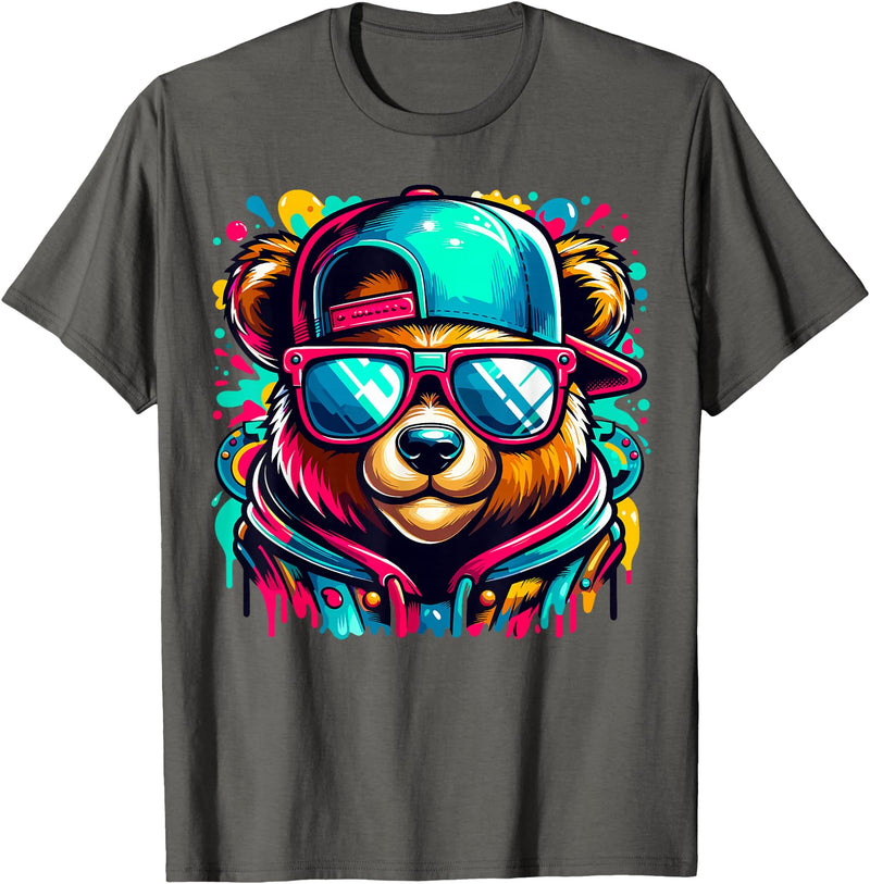 Funny Teddy Bear Lovers Colorful Hip Hop Teddy Bear Sunglasses Rap Music T-Shirt - Asphalt Grey