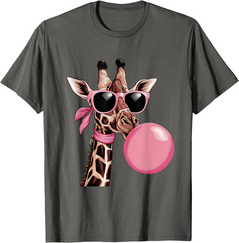 Funny Giraffe Lover Design Outfit Funny Cute Giraffe Pink Bubble Gum and Pink Sunglasses T-Shirt - Asphalt Grey