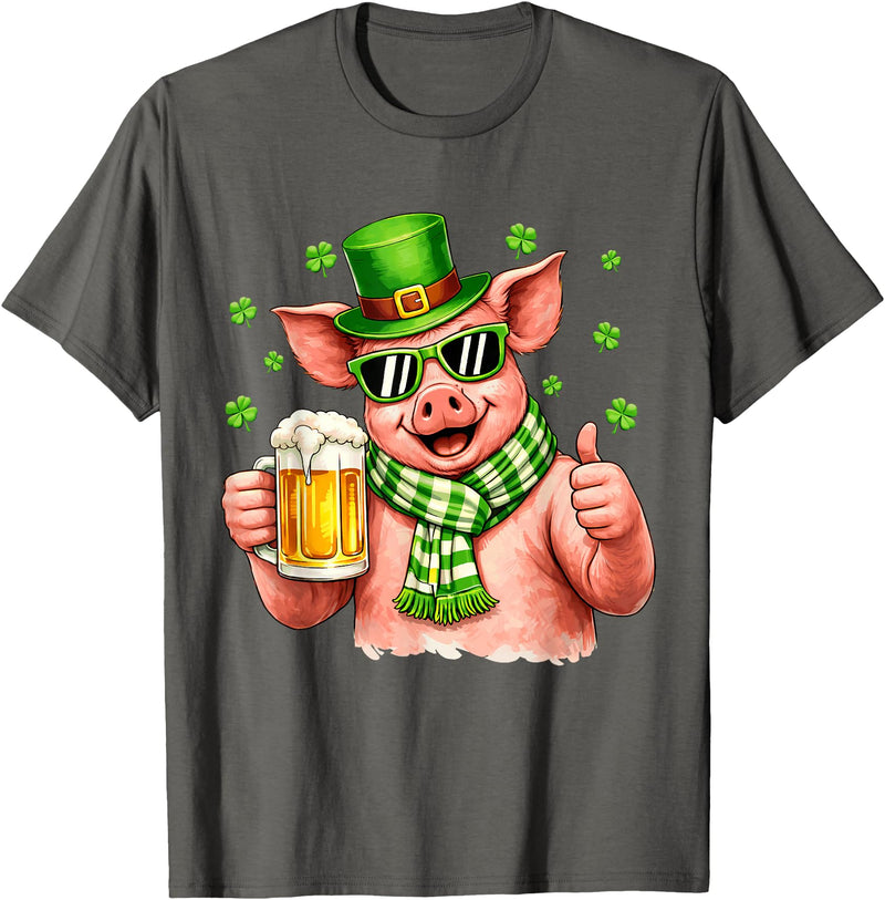 Amt Pig & Drinking Beer Lovers Saint Patrick's Day Funny Pig Drinking Beer Leprechaun Shamrocks St Patricks Day T-Shirt - Asphalt Grey