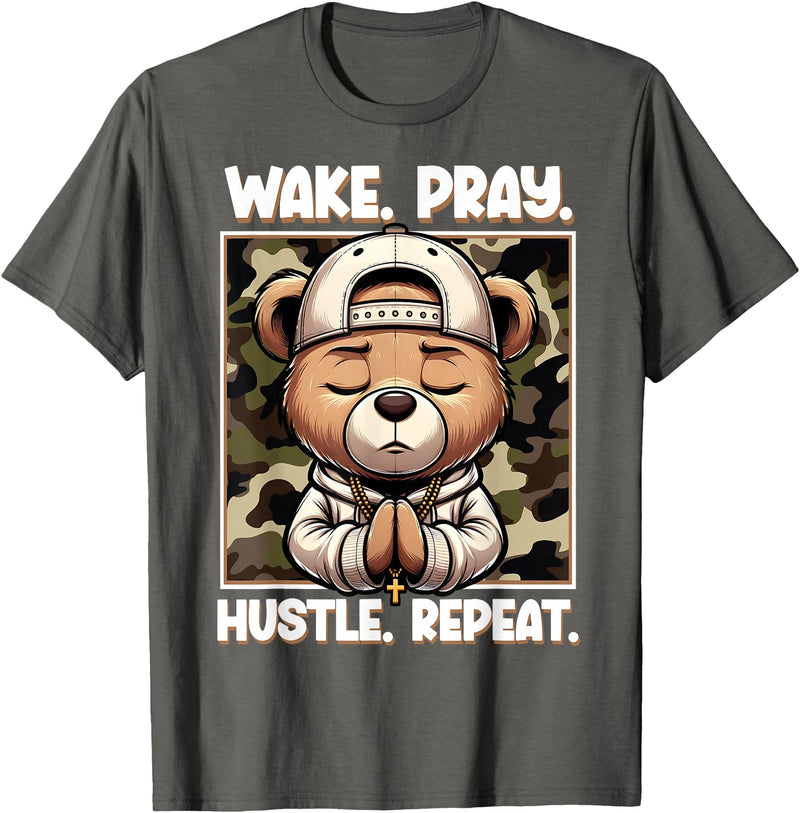 Camouflage Hip Hop Teddy Bear Hustle Grind Designs Wake Pray Hustle Repeat Hip Hop Teddy Bear Boys Teens Camo T-Shirt - Asphalt Grey