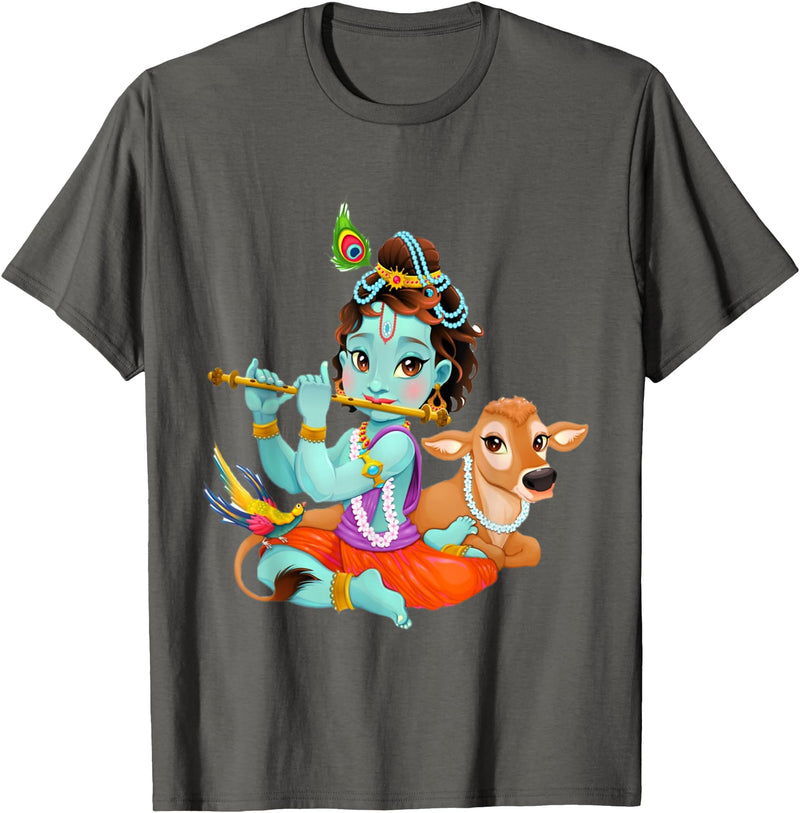 Clever Witty Designs Hindu god Lord Shri Krishna with a Cow and a Bird T-Shirt - Asphalt Grey