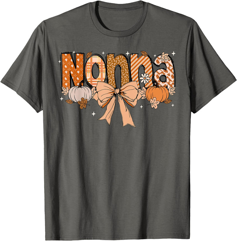 Pumpkin Fall Leopard Happy Thanksgiving Mat Nonna Pumpkin Fall Coquette Bow Thanksgiving Mom Women T-Shirt - Asphalt Grey