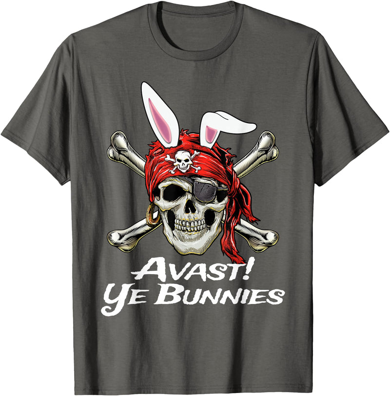 Funny Pirate Skull and Crossbones Avast Ye Bunnies Easter T-Shirt in Asphalt Grey