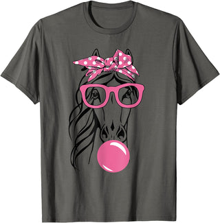 Funny Horses Lover Ladies Cute Horse Bandana Headband Glasses T-Shirt - Asphalt Grey