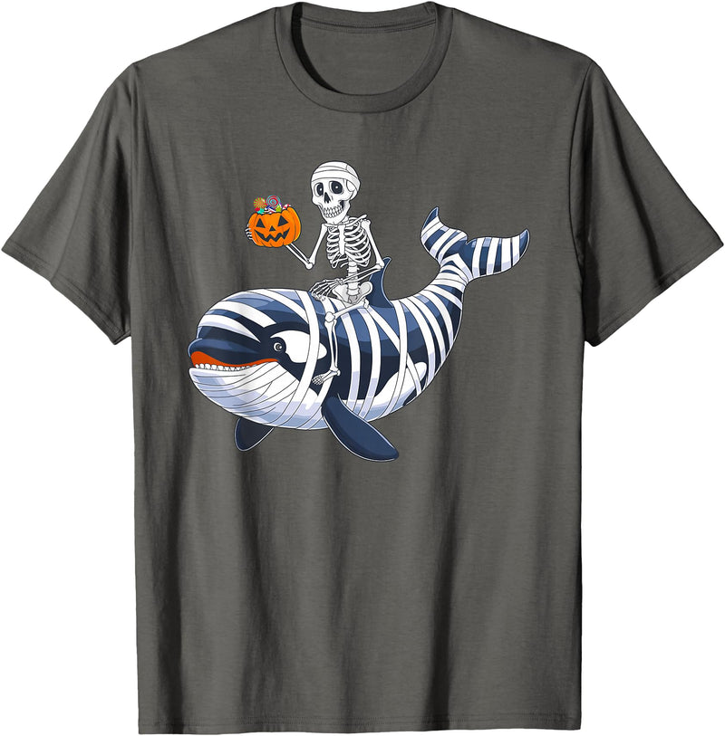 Orca Skeleton Halloween Whale Apparel Co. Skeleton Riding Mummy Orca Halloween Candy Whale T-Shirt - Asphalt Grey
