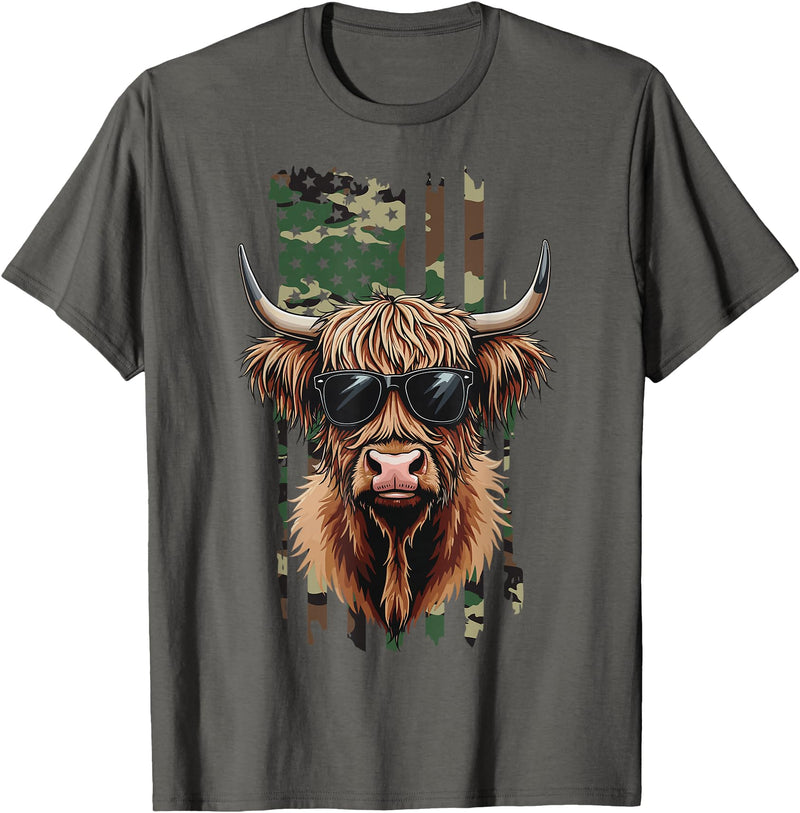Highland Cow by AKH Highland Cow Camo American Flag, Patriotic Highland Cow T-Shirt - Asphalt Grey