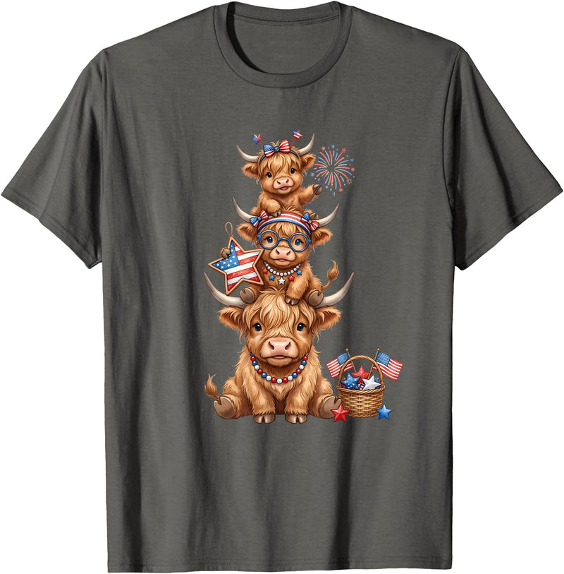Funny 4th Of July Highland Cow Apparel Cute Highland Cow 4th of July Patriotic American Flag T-Shirt - Asphalt Grey
