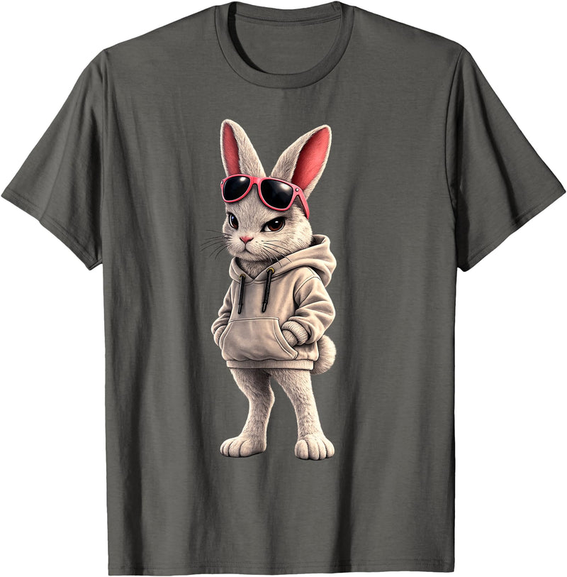 Cool Rabbit Wearing and Sunglasses Funny Rabbit Hoodie in Asphalt Grey