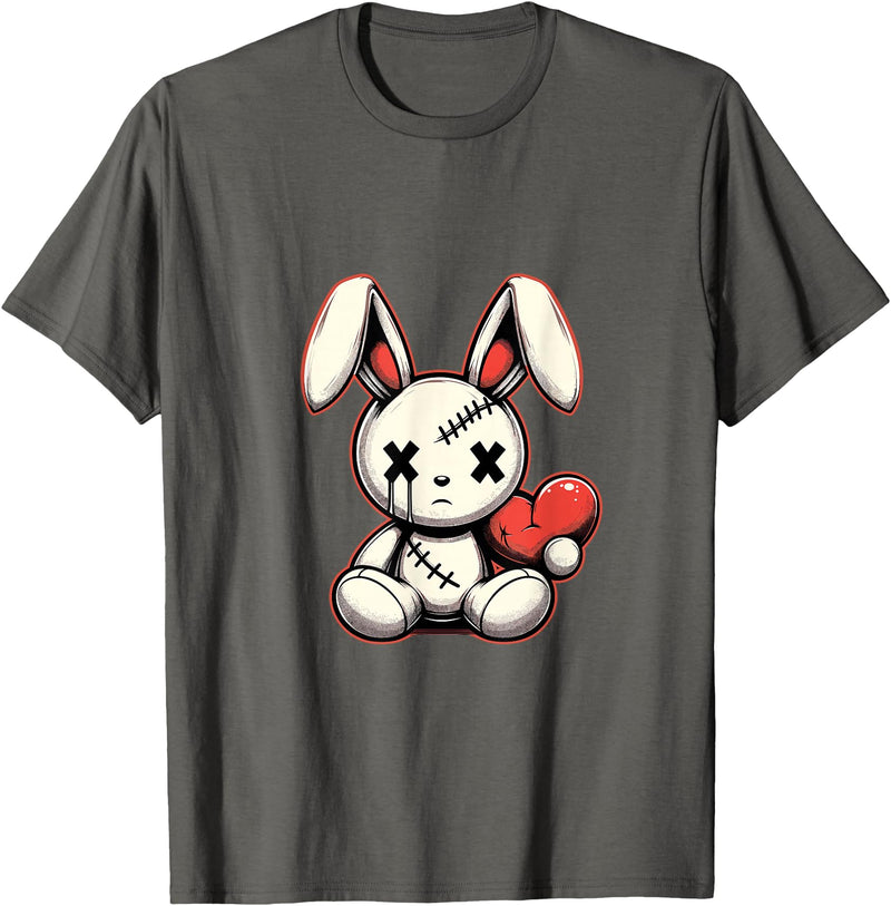 Heartfelt Voodoo Bunny Stitched Rabbit Gothic T-Shirt in Asphalt Grey