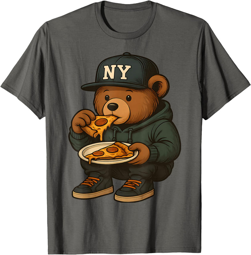 Street Food Streetwear & Hip Hop Style Designs Hip Hop Teddy Bear Eating New York Style Pizza Teenager Men T-Shirt - Asphalt Grey