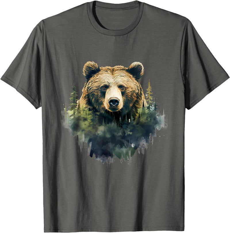 Bear Forest Animal Art Portrait Forest Artwork Wildlife T-Shirt - Asphalt Grey