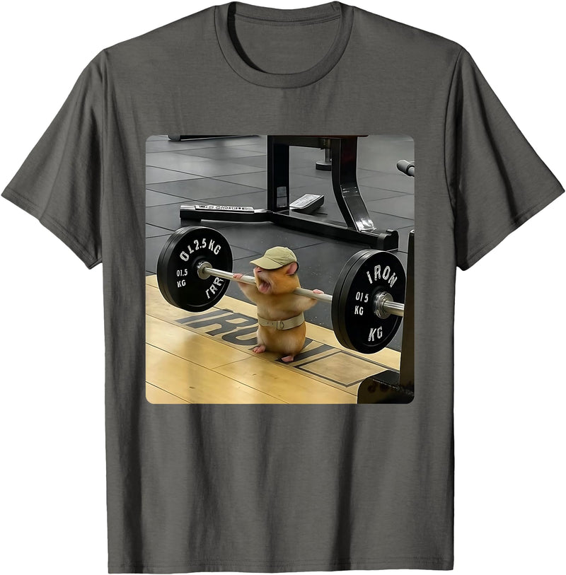 Hamster Deadlift Training Funny Cute Rat Weightlifting Meme T-Shirt - Asphalt Grey
