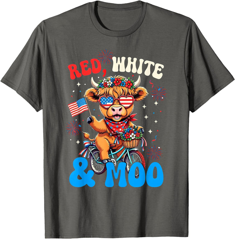 Patriotic Highland Cow USA Fourth of July Tee Red White and Moo Patriotic Highland Cow 4th July T-Shirt - Asphalt Grey