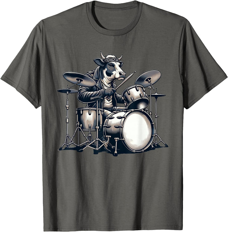Cute Cow Playing Drums Cow Lover Apparel Cute Cow Playing Drums Cows Drummer Music T-Shirt - Asphalt Grey
