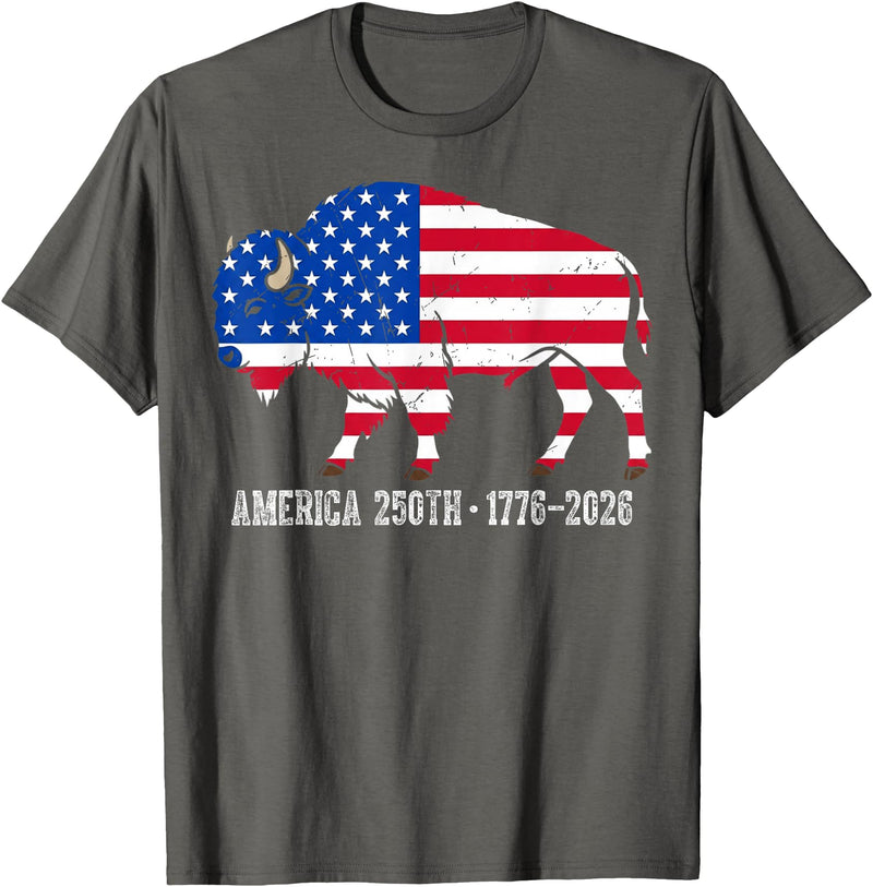 American Buffalo Design for 250th Anniversary Vintage Retro Bison American Flag Buffalo Simple 4th of July T-Shirt - Asphalt