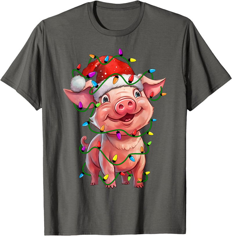 Pig Lovers Christmas Tree Lights Pig Santa Christmas Tree Lighting Xmas Funny T-Shirt - Asphalt Grey