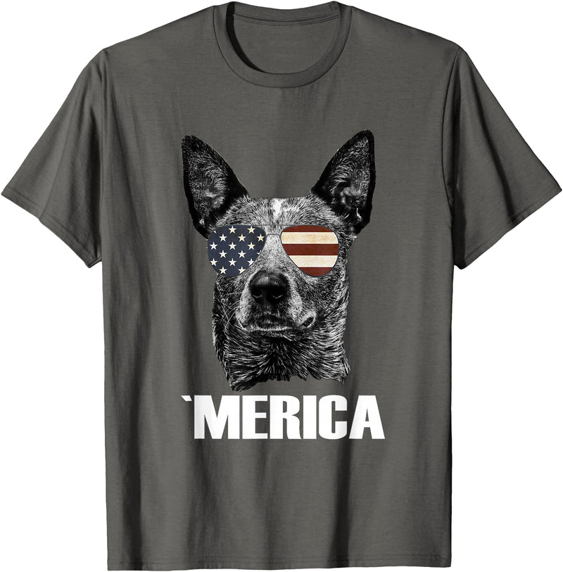 Australian Cattle Dog Patriotic Tee Gifts Merica Australian Cattle Dog with USA Flag Sunglasses Gift T-Shirt - Asphalt Grey