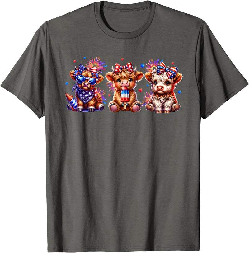 July 4th Highland Cow Farm Lovers American Costume Highland Cow Cattle Animal Lover Patriotic 4th of July T-Shirt - Asphalt